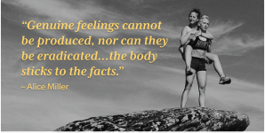 Woman piggybacking on another woman on a cliffside behind a quote: "Genuine feelings cannot be produced, nor can they be eradicated...the body sticks to the facts."