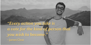Man with sunglasses on leaning an arm on a white wall behind quote: "Every action you take is a vote for the kind of person that you wish to become."
