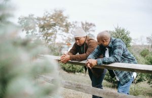 black-father-conversing-with-teenager-near-fence-on-farmland